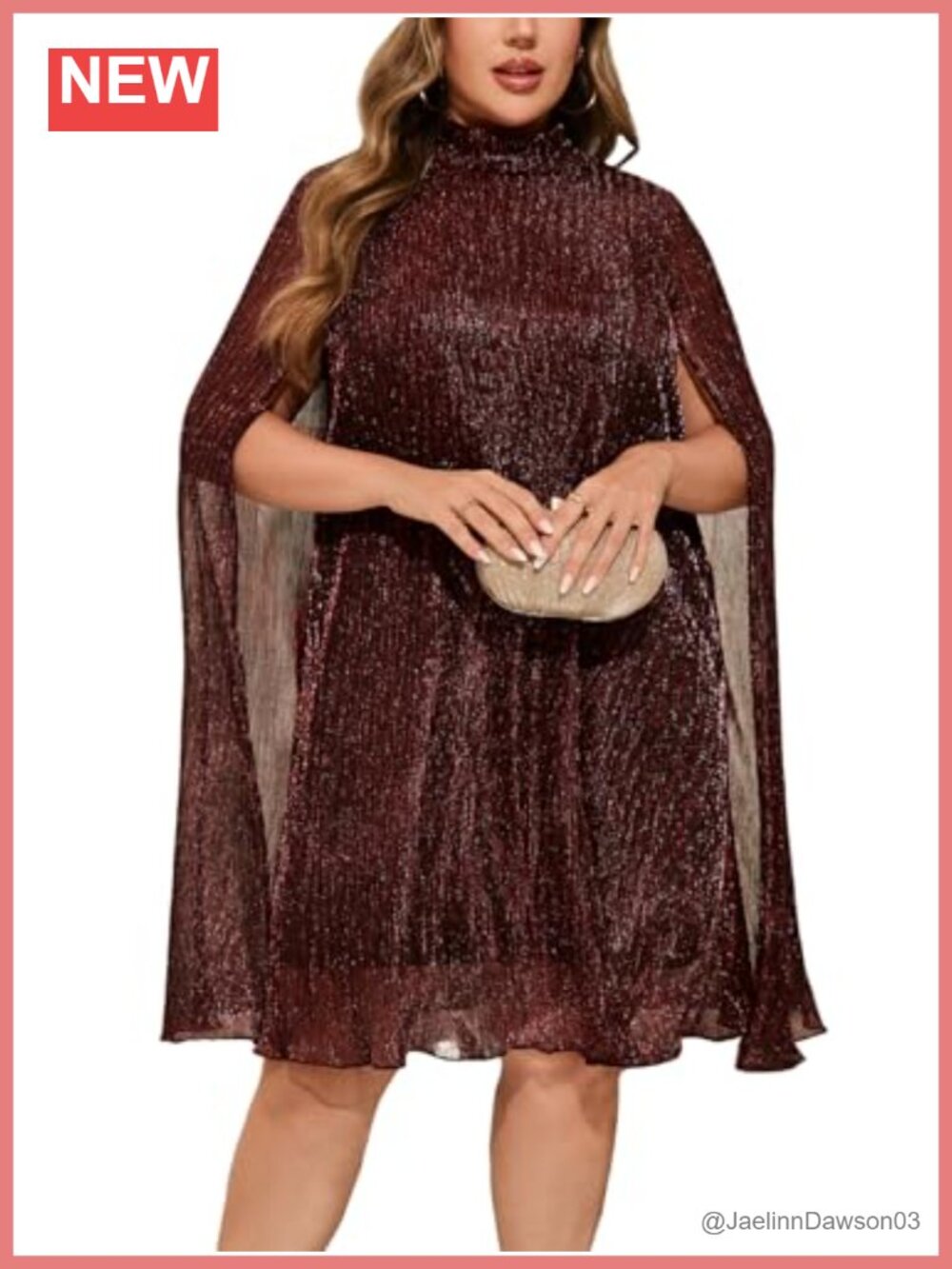 Plus Size Sparkly Loose Fit Short Dress High Neck Cape Sleeve Cocktail Party